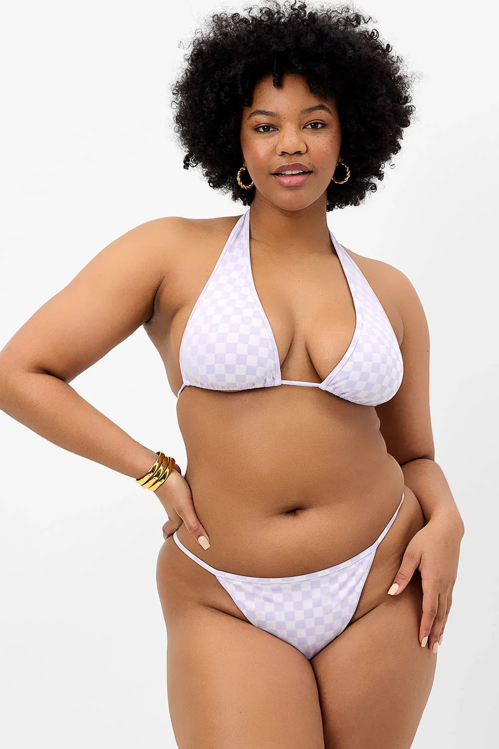 Harmony Checkered Thong Bikini Bottom - Purple Check