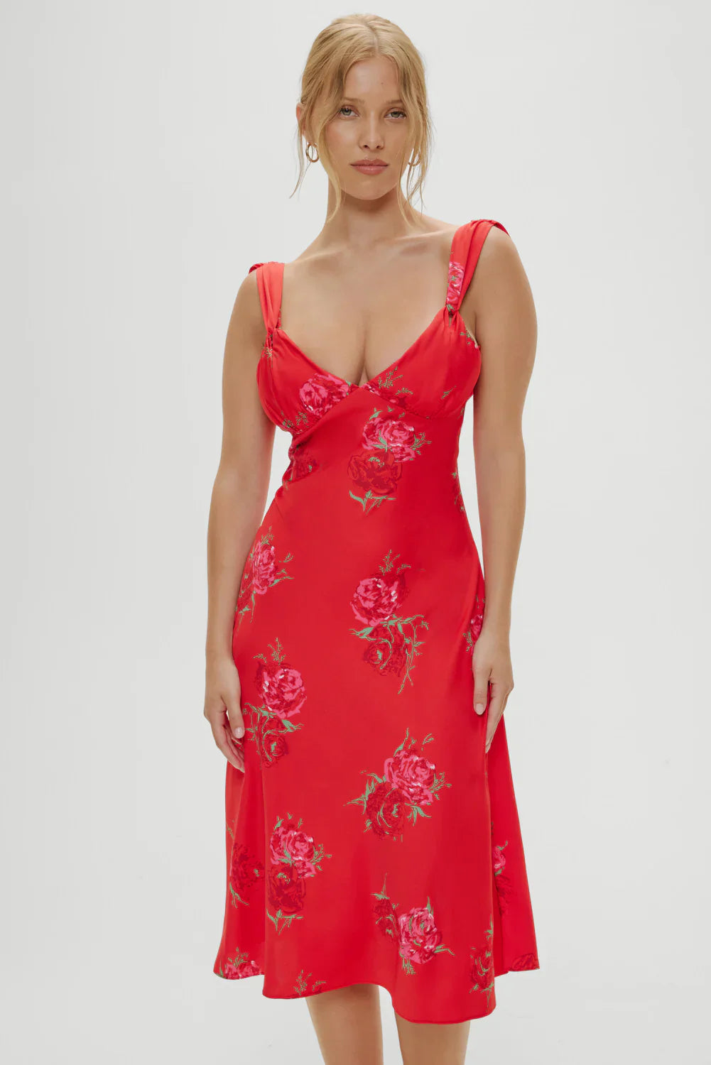 Aurora Satin Floral Midi Dress - Red Rose Brushstroke