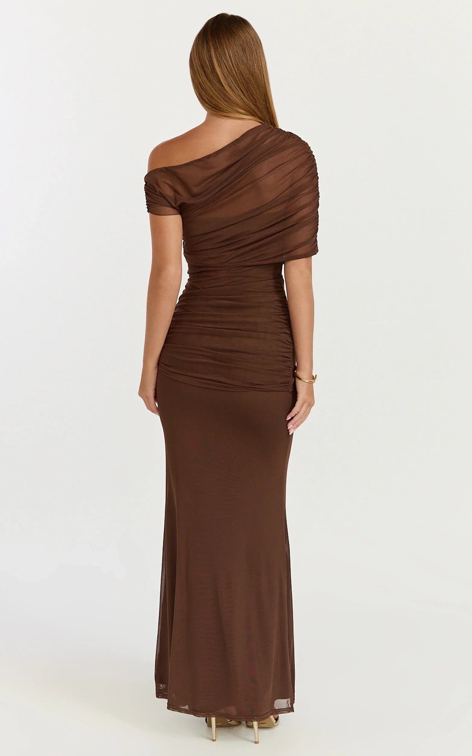 Nicolette Maxi Dress - Cape Sleeve Off Shoulder Dress in Chocolate