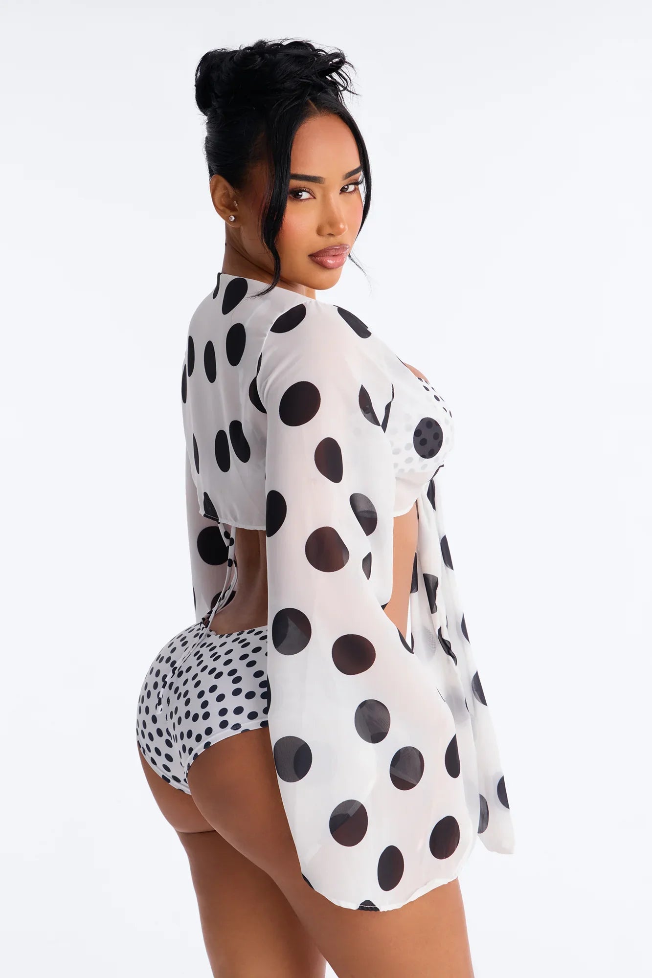 Warm Vacay Sheer Flare Sleeve Front Tie Boyshort 3 Piece Bikini Set - White/Black