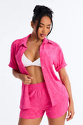 Cristal Textured Swim Cover Up Short Set - Fuchsia