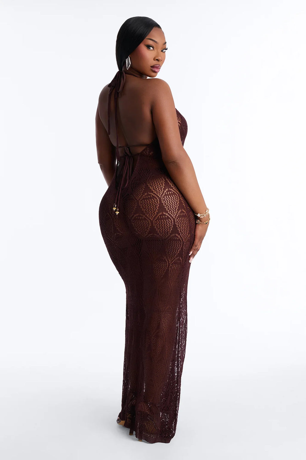 Jocelyn Crochet V-Neck Swim Cover Up Dress - Brown