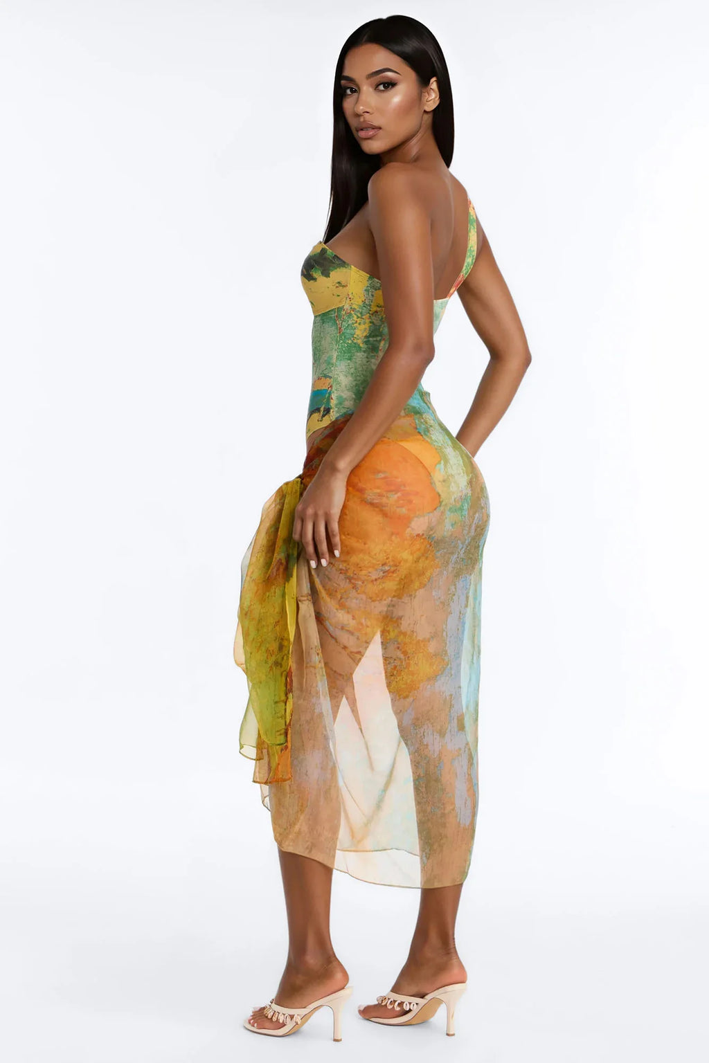 Areli Abstract One shoulder Cut Out 1 Piece Swimsuit & Sarong Set - Green/combo
