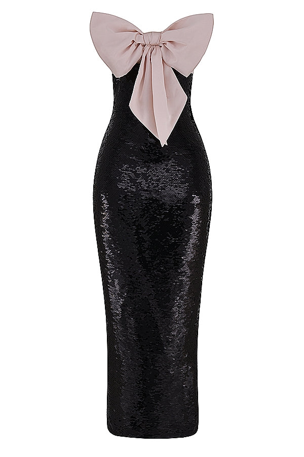 black sequin strapless bow dress