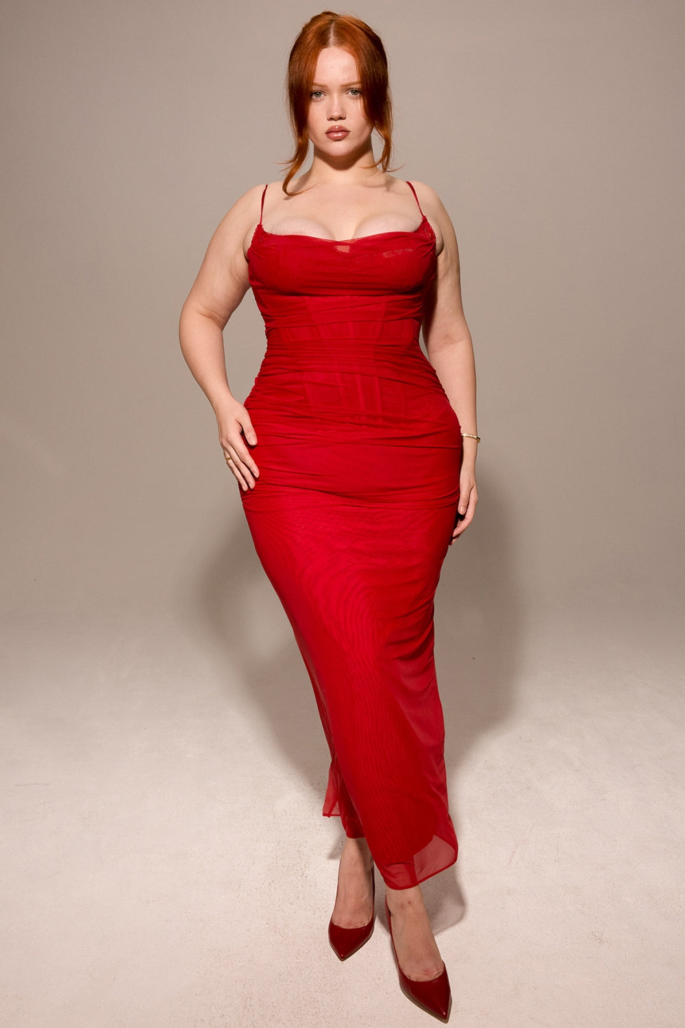 holly red stretch mesh corset maxi dress