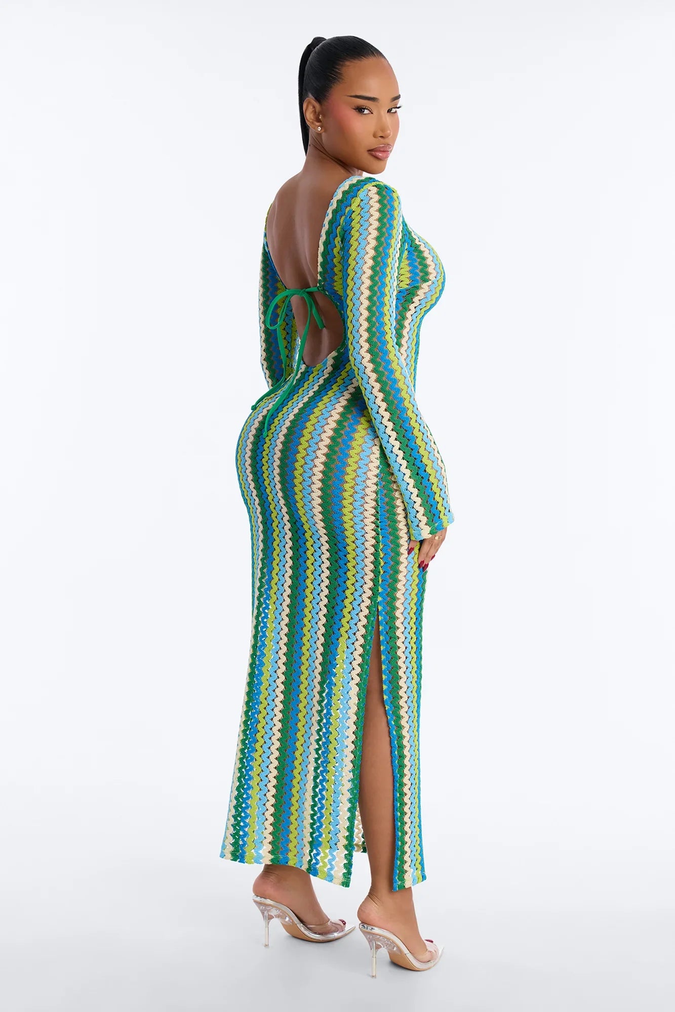Izzy Pinstripe Flare Sleeves Maxi Swim Cover Up Dress - Green/combo