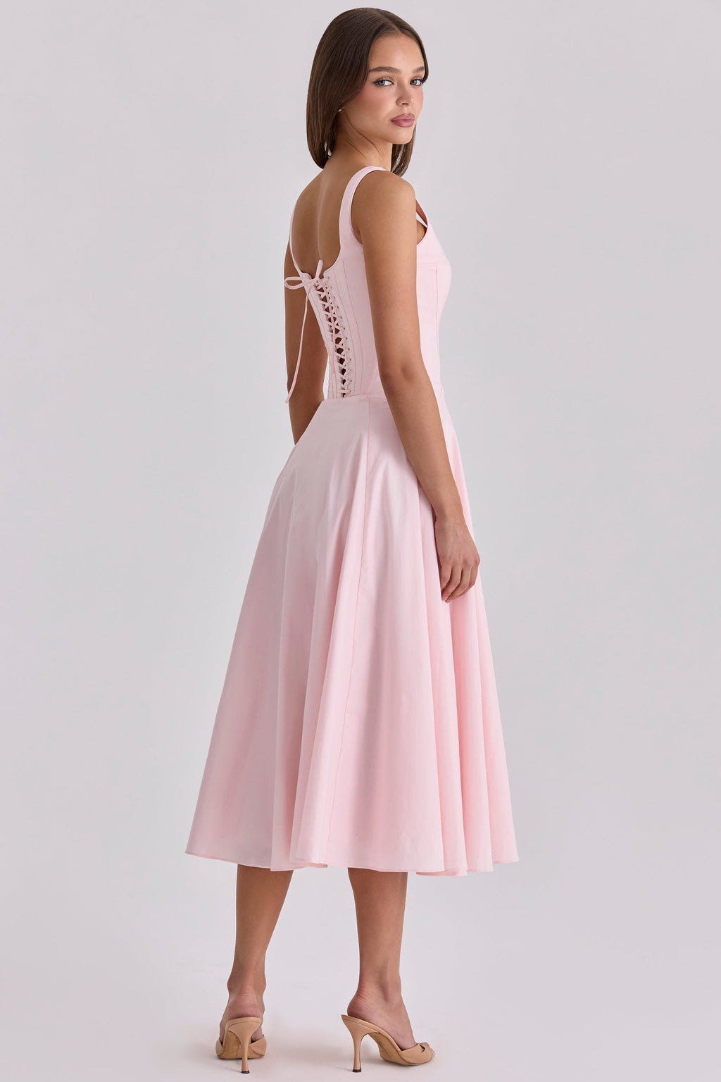 pink cotton lace up midi sundress