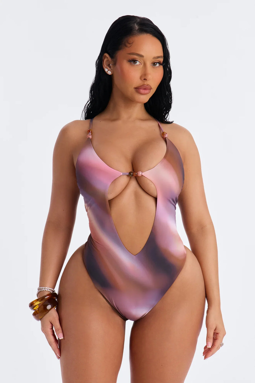 Warm Island Breeze 1 Piece Ombre Cut Out Swimsuit & Micro Mini Sarong Set - Multi Color