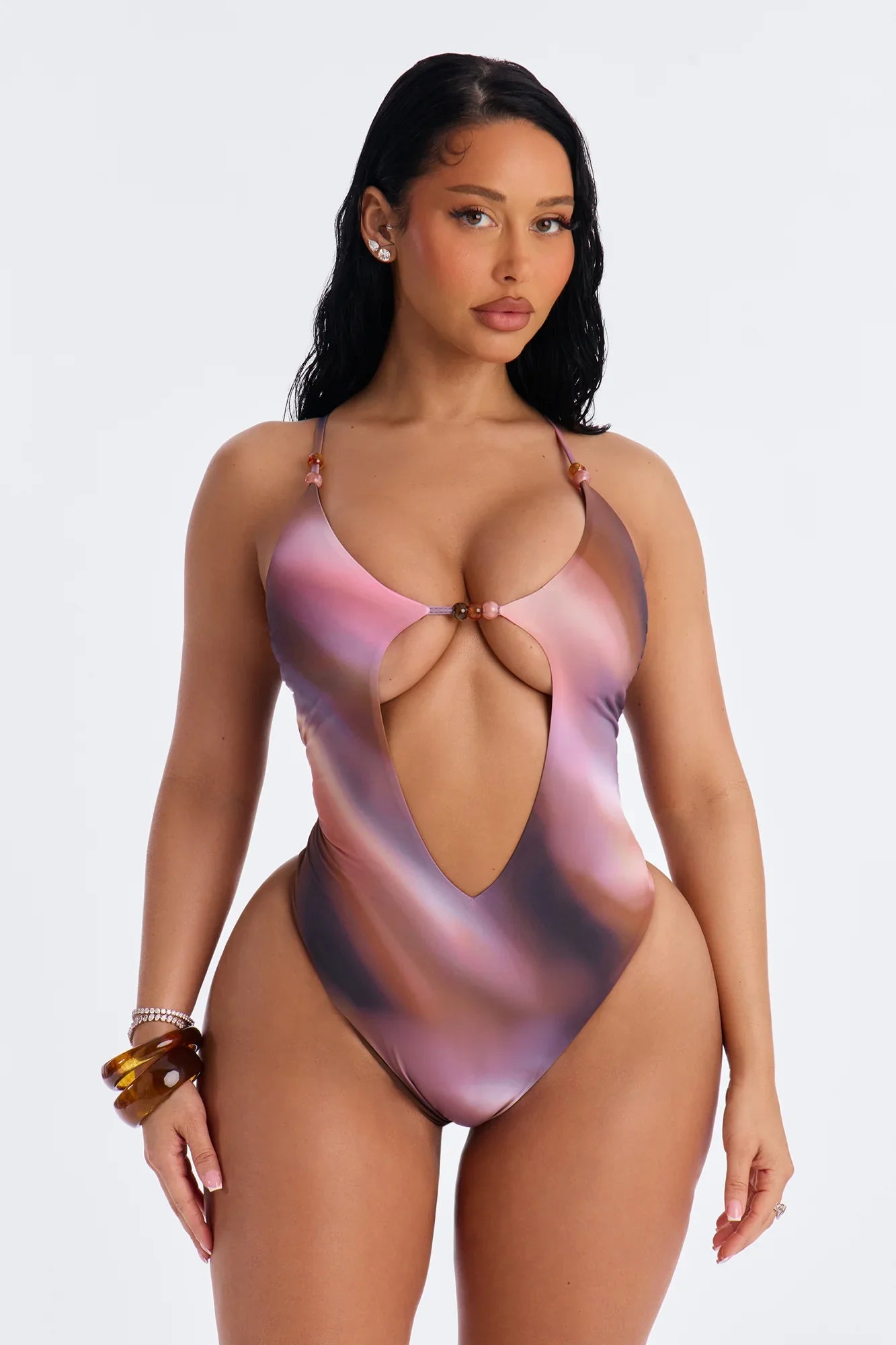 Warm Island Breeze 1 Piece Ombre Cut Out Swimsuit & Micro Mini Sarong Set - Multi Color