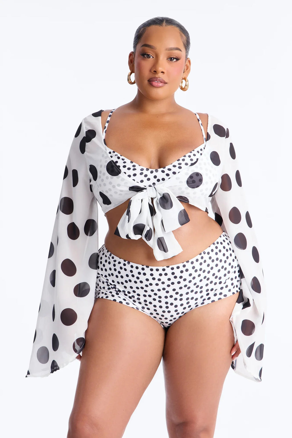 Warm Vacay Sheer Flare Sleeve Front Tie Boyshort 3 Piece Bikini Set - White/Black