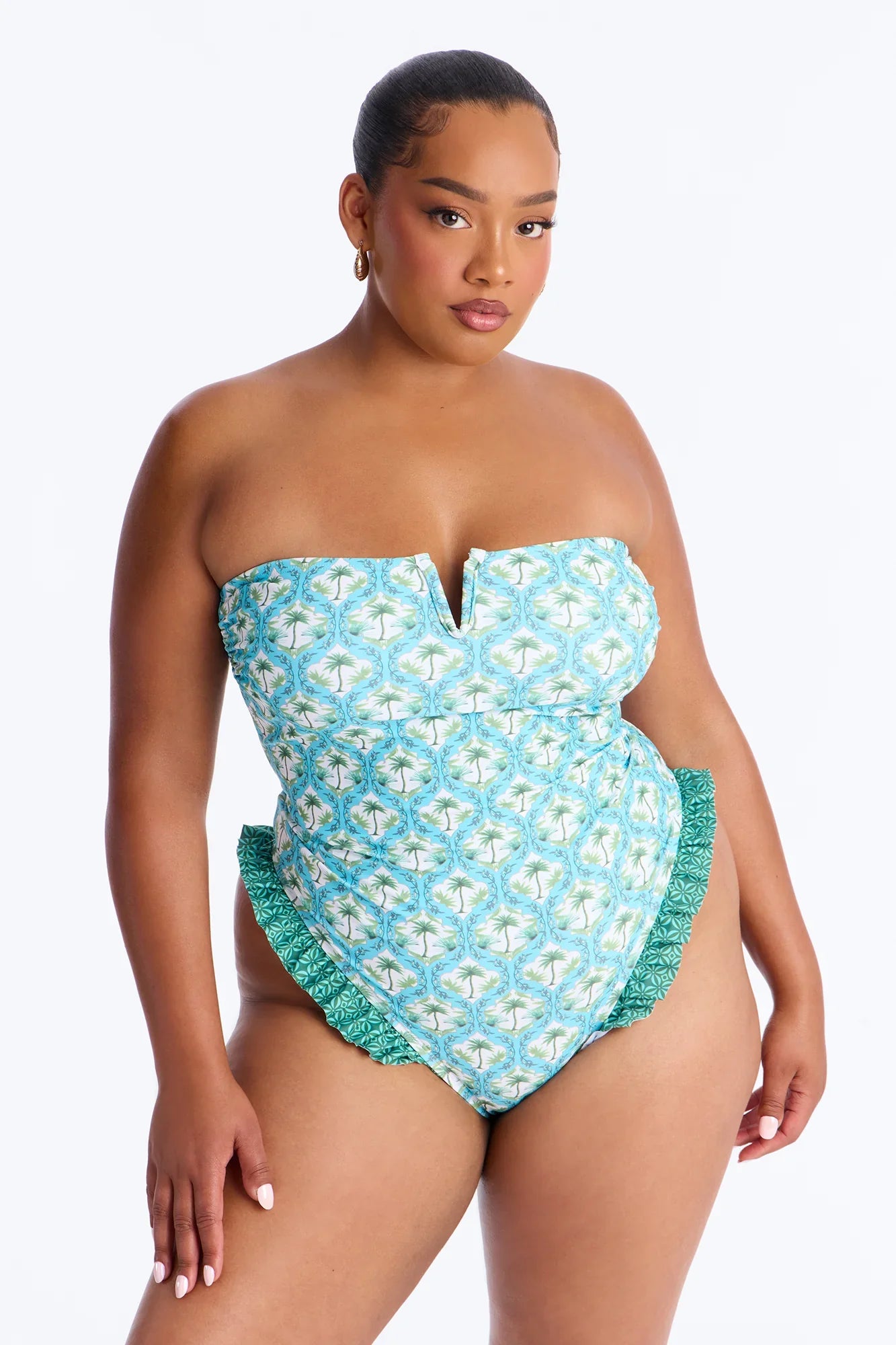 Lola Palm Trees Ruffle 1 Piece Swimsuit - Blue/combo