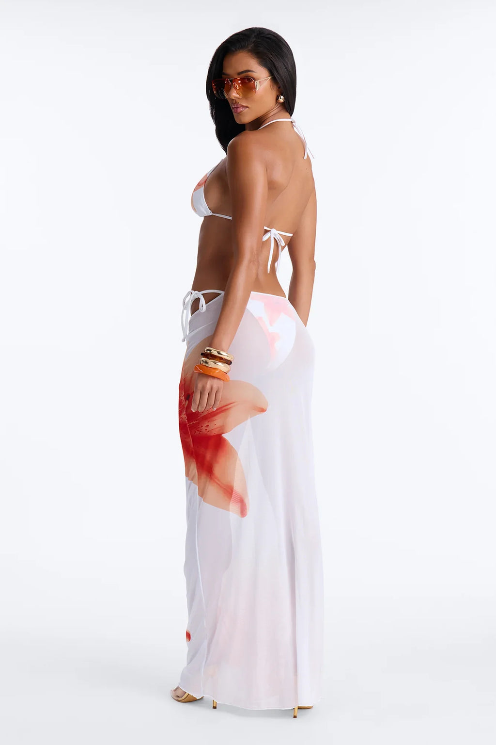 Cora 3 Piece Floral Triangle Bikini & Mesh Cover Up Maxi Skirt Sunsuit - Orange/combo