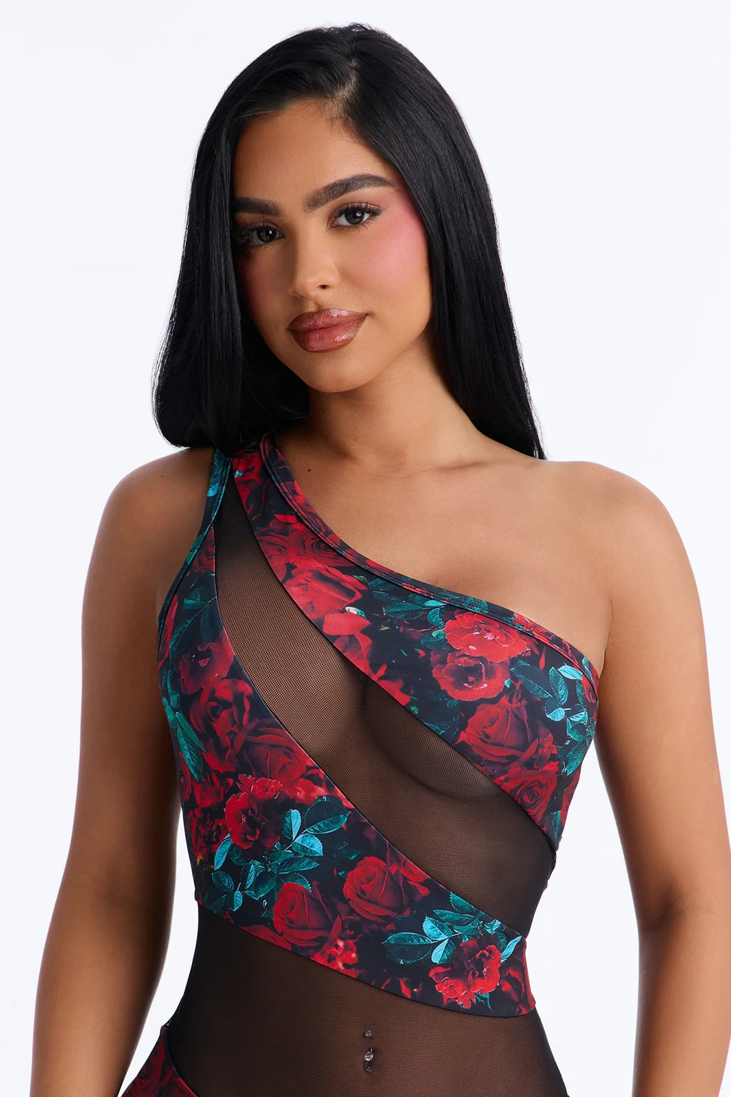 By The Coast Roses Mesh Cut Out One Shoulder 1 Piece Swimsuit - Red/combo