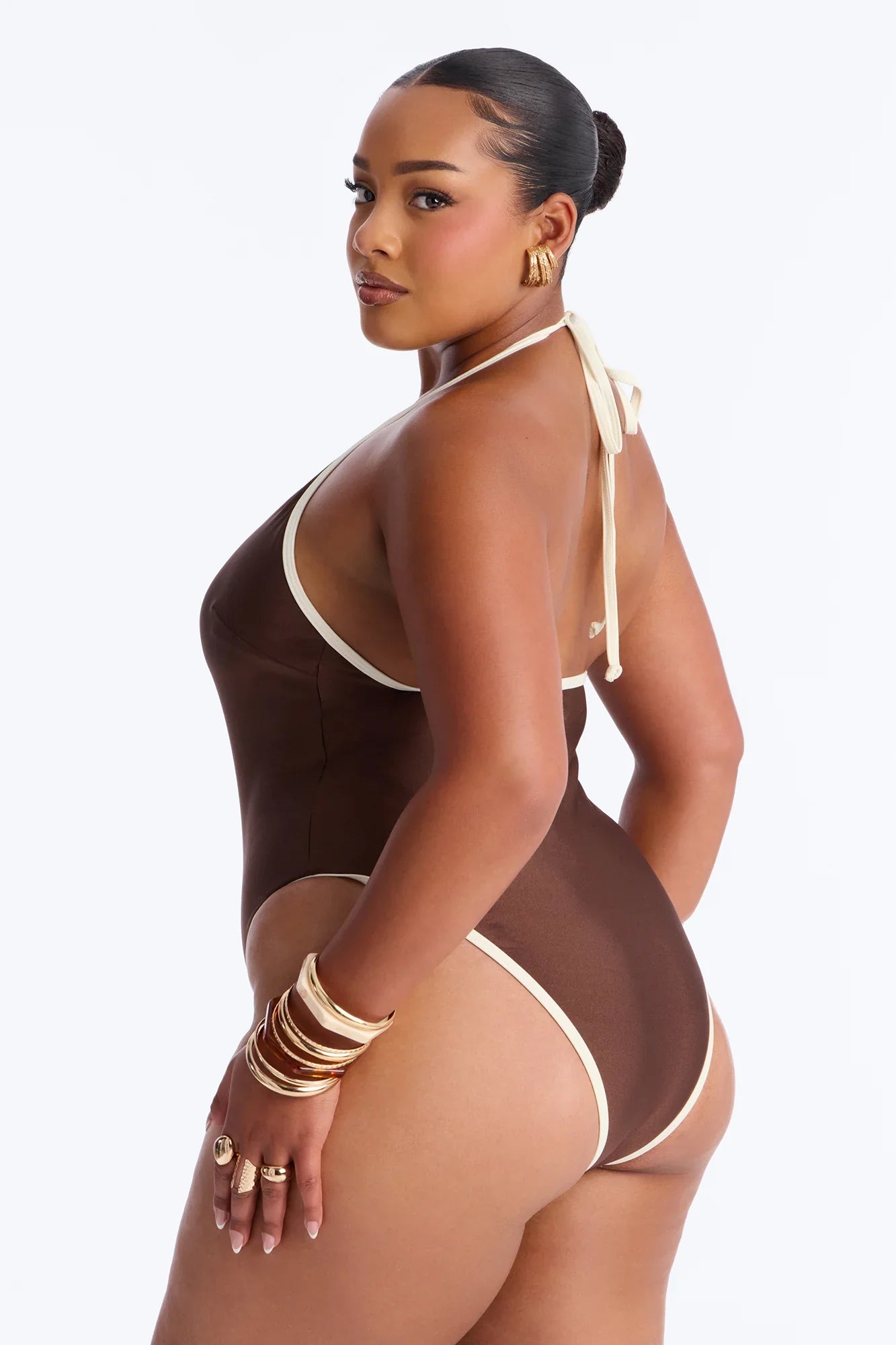 Gone To The Beach Contrast Charm Trim 1 Piece Swimsuit - Brown