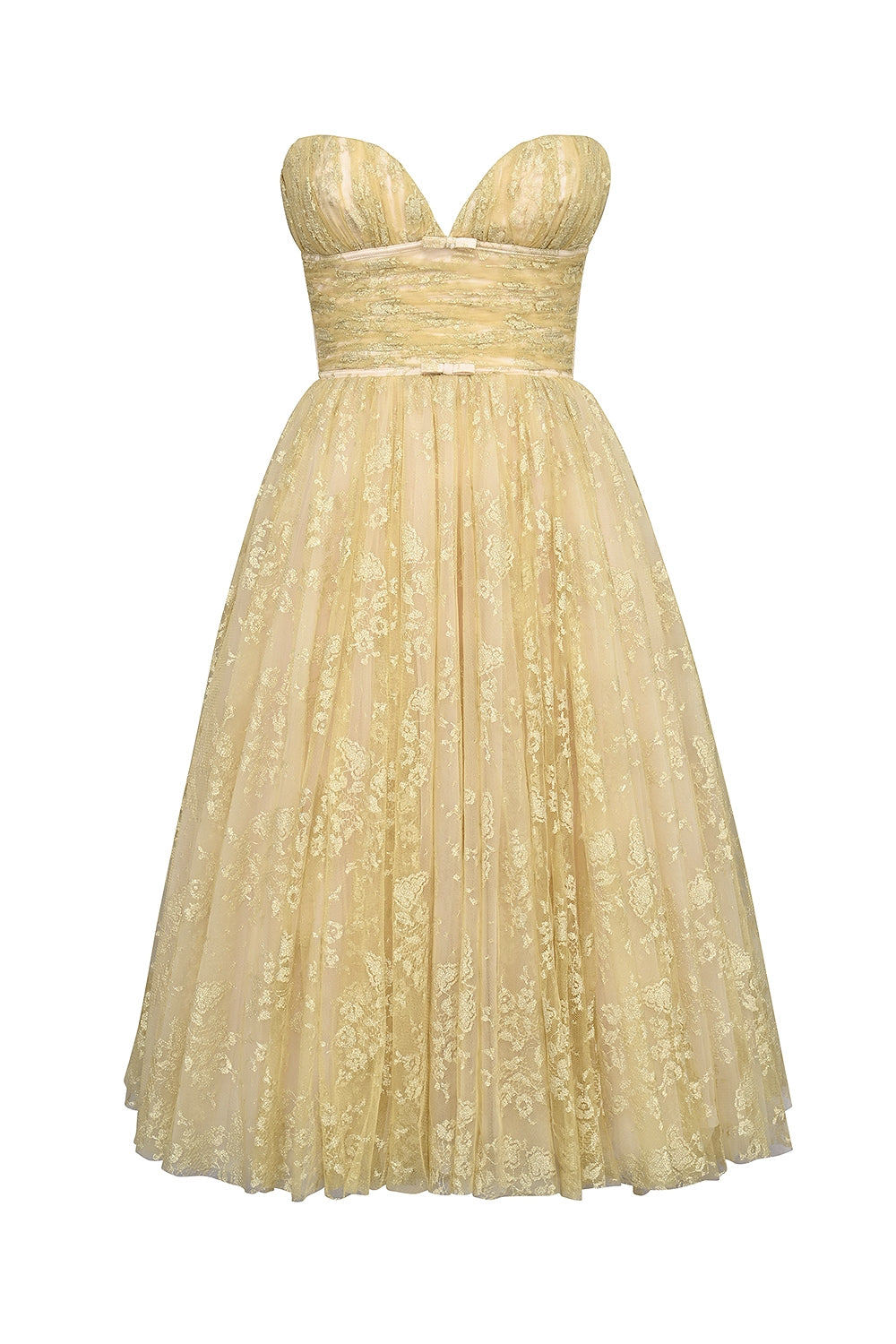 gold metallic lace tulle midi gown