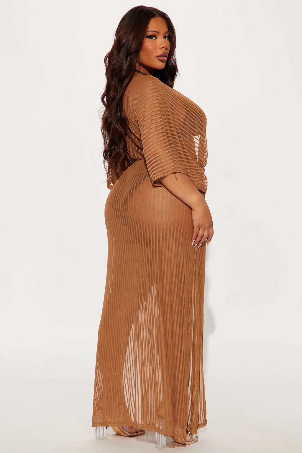Beach Shade Stripe Cover Up Maxi Kimono - Mocha