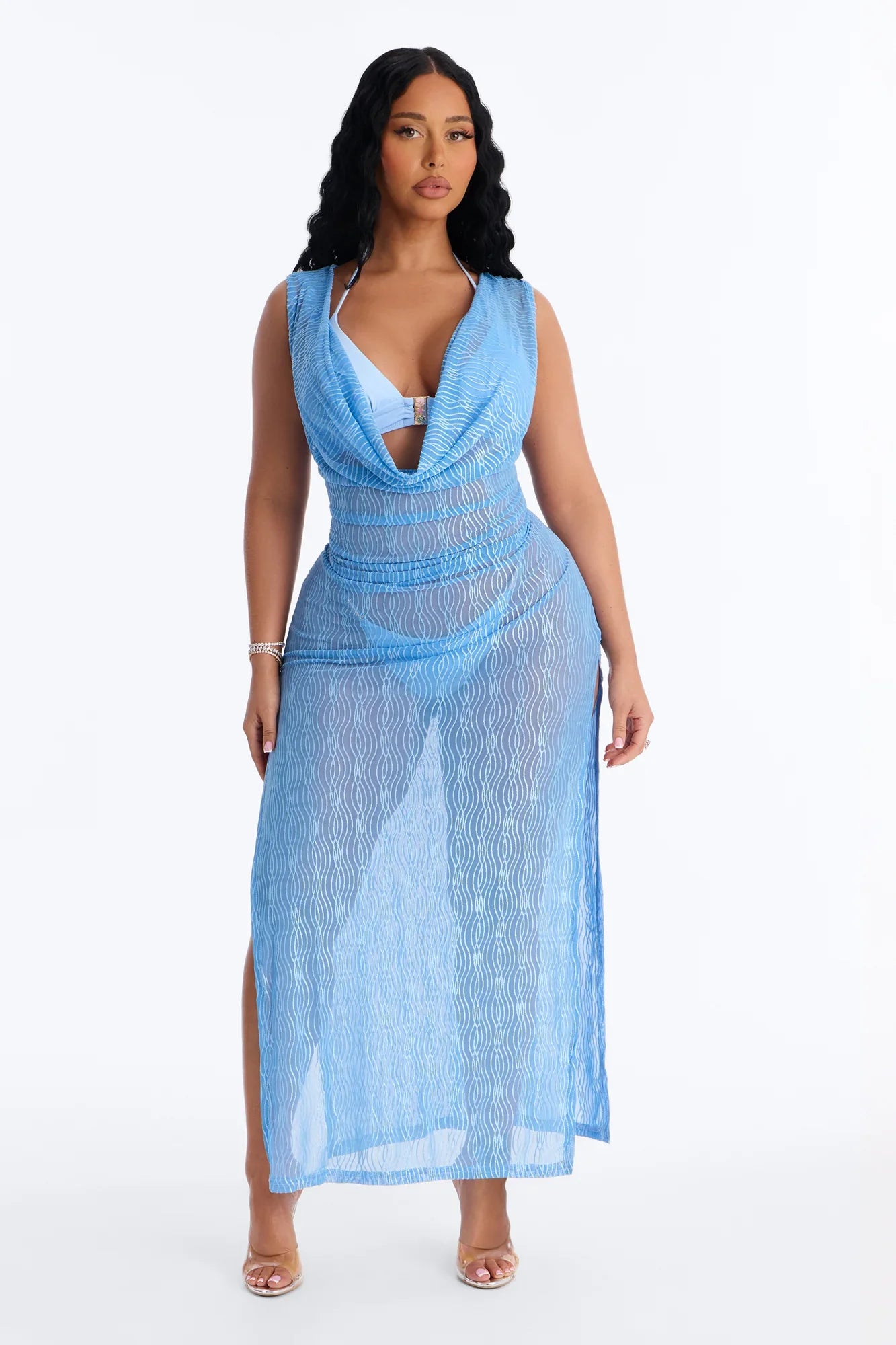 Sunshine Living Mesh Cover Up Cowl Midi Dress - Blue
