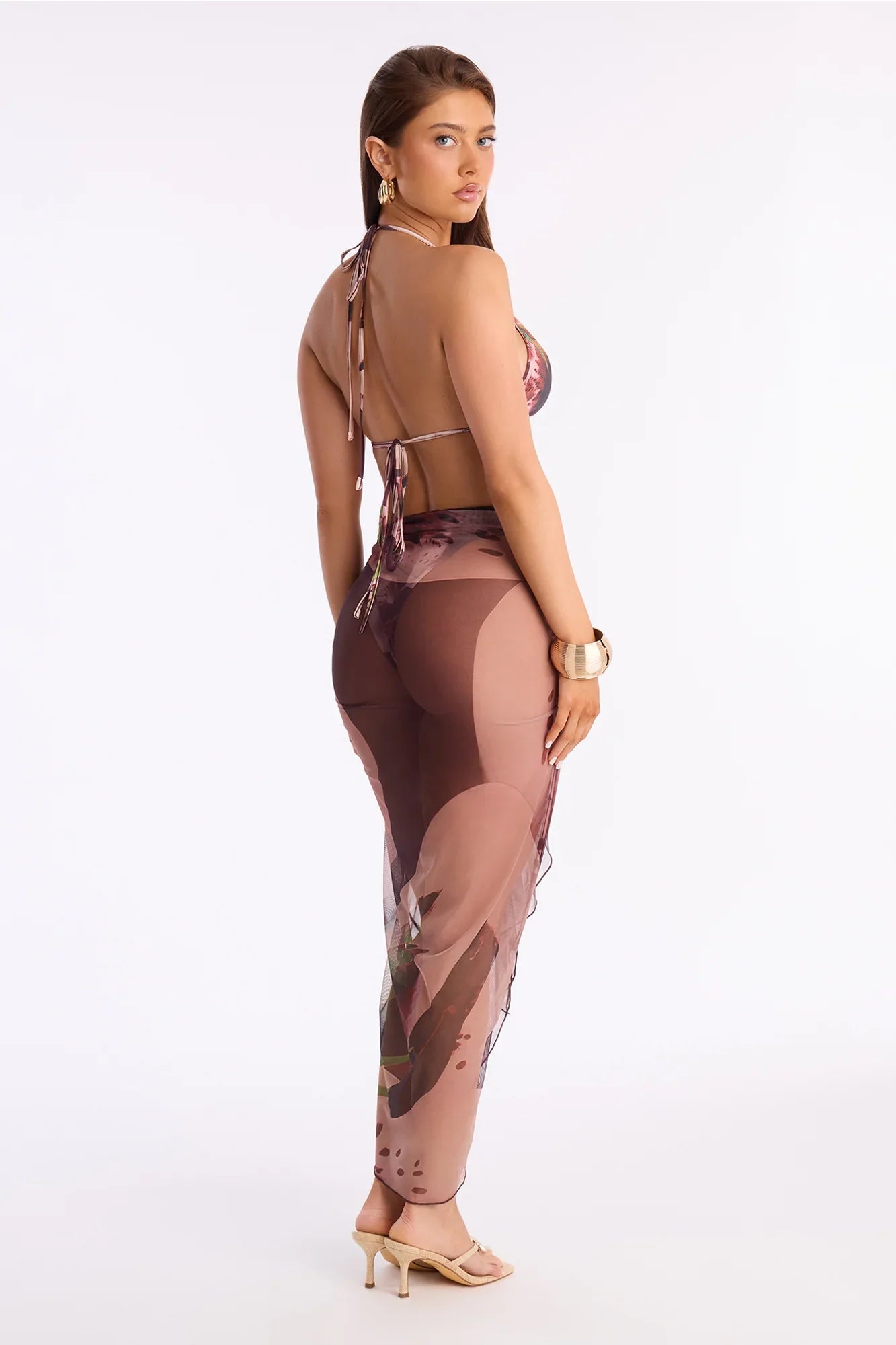 Sunset Sip Floral 3 Piece Bikini Sarong Set - Brown/combo