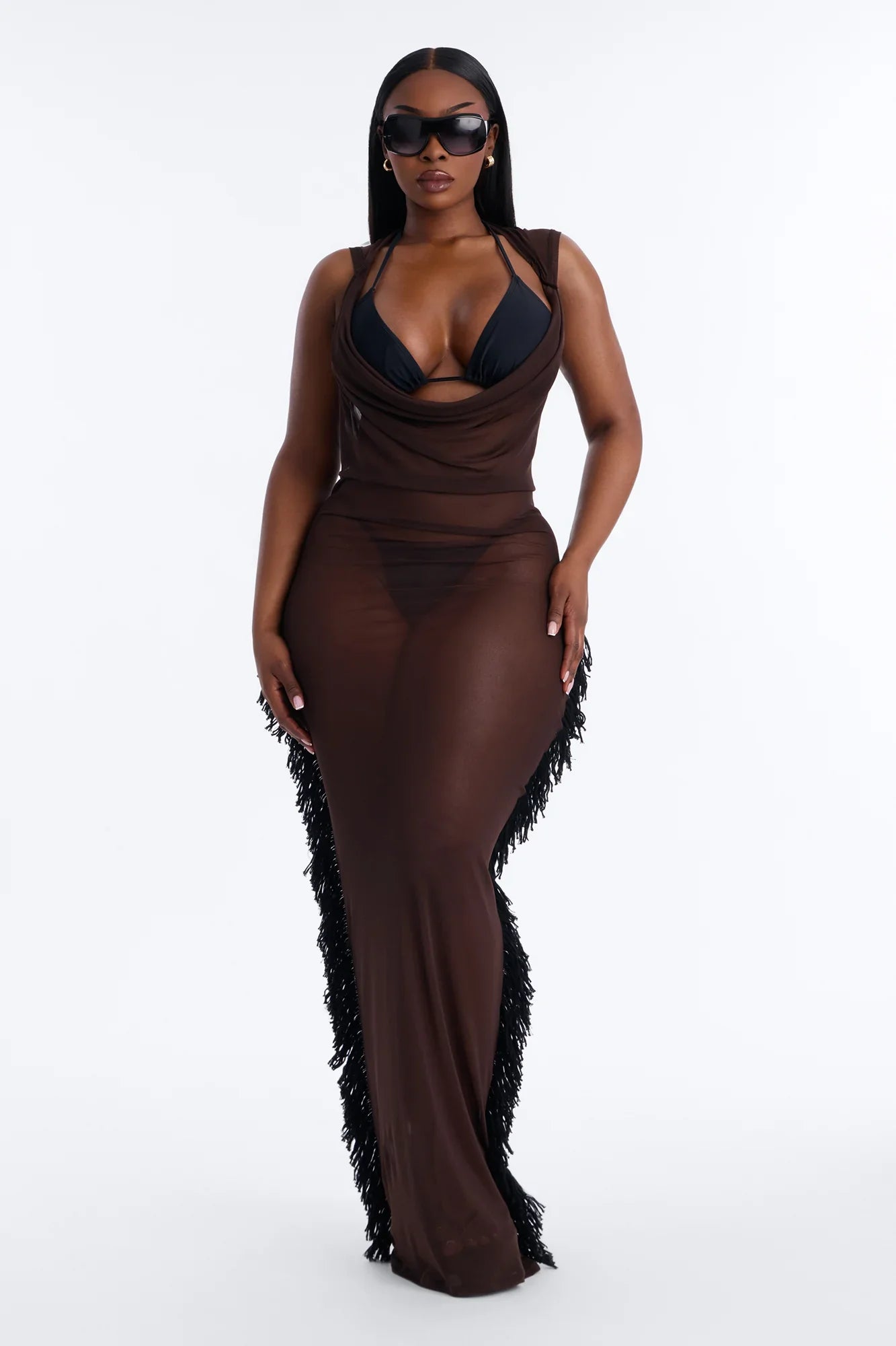 Keep Cool Fringe Hooded Mesh Cover Up Maxi Dress - Chocolate