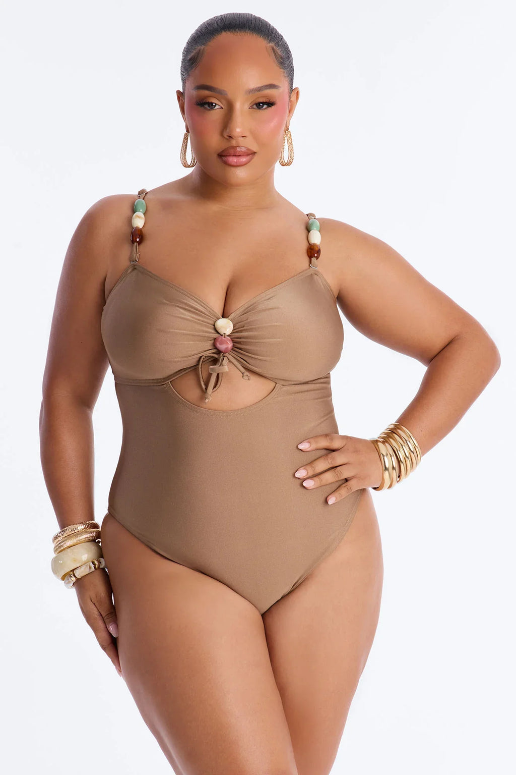 Shiny Stones By The Waves Cut Out 1 Piece Swimsuit - Gold