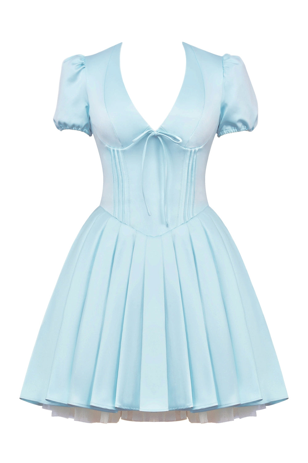 delicate blue satin pleated mini dress
