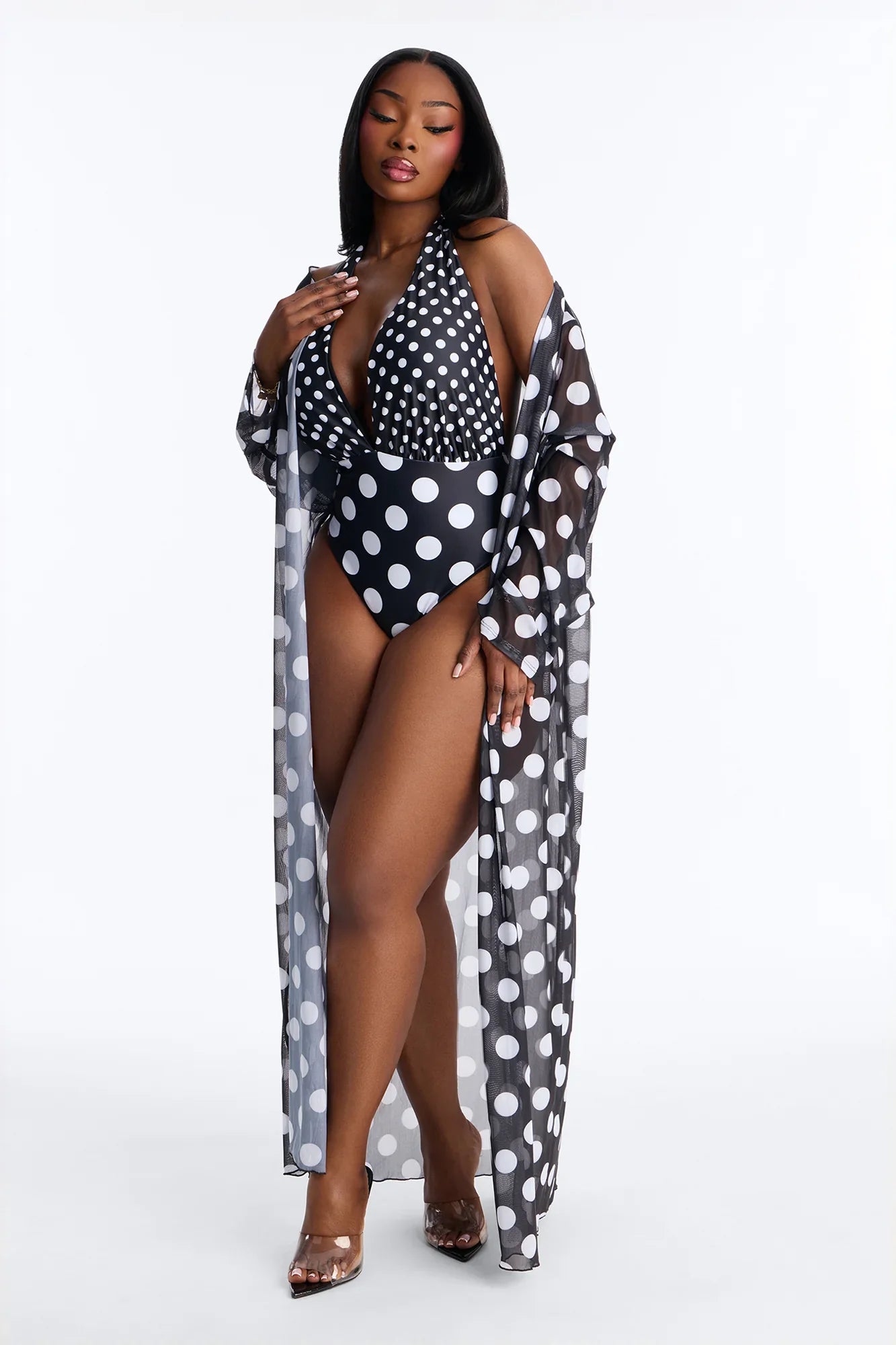 Kaia Polka Dot 1 Piece Swimsuit Kimono Set - Black/combo