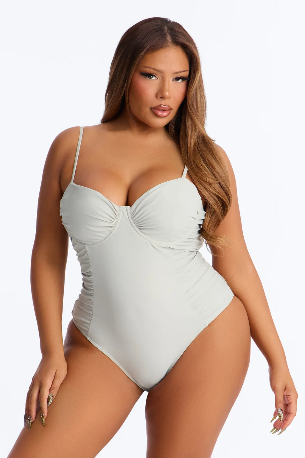 Sunsets In Aruba Underwire Ruched 1 Piece Swimsuit - Sage