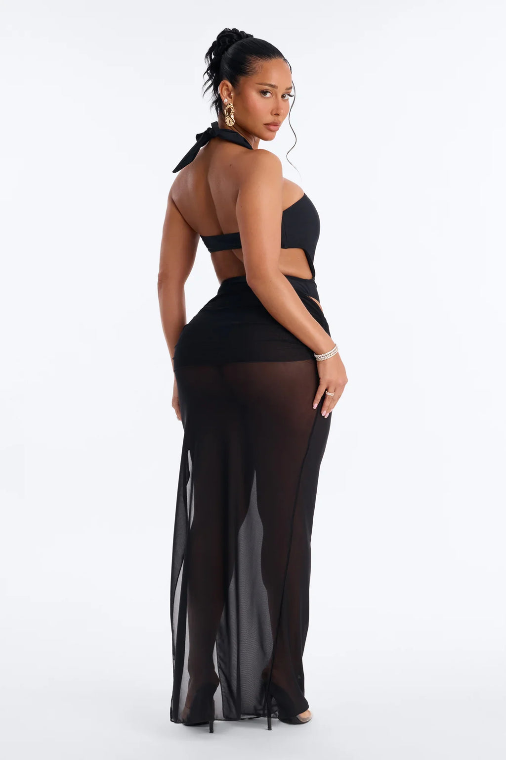 Biayna 1 Piece Halter Cut Out Swimsuit & Cover Up Maxi Skirt Set - Black