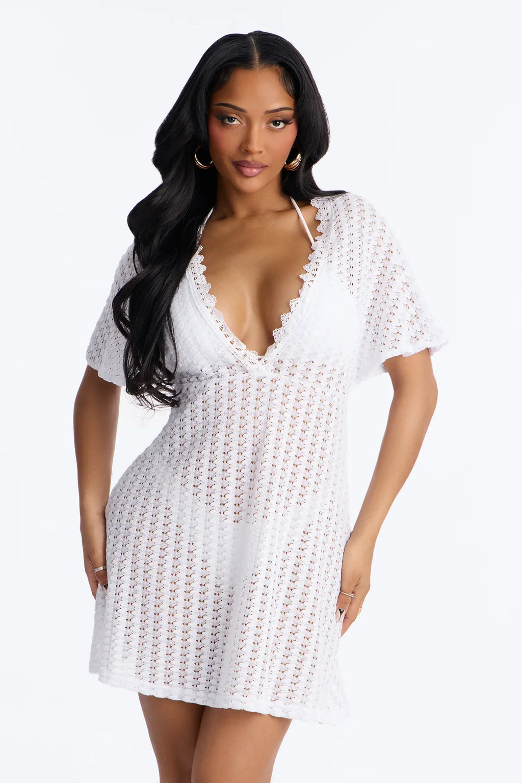 Palm Tree Shade Swim Cover Up Mini Dress - White
