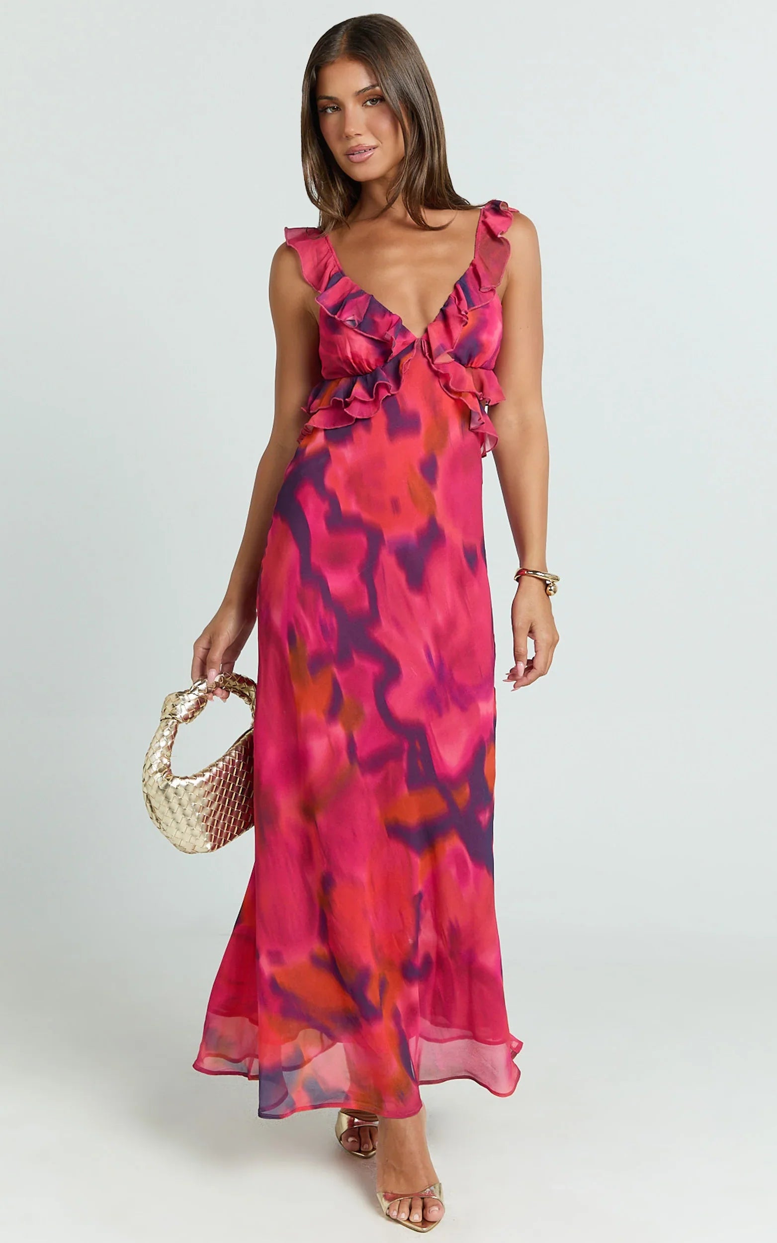 Alessa Midi Dress - V Neck Frill Detail Empire Waist Back Cut Out Dress in Adeana Print