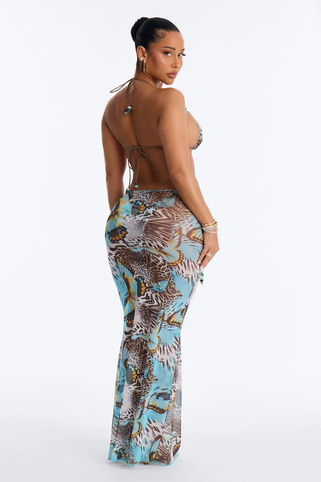 Nila Mixed Beaded Print 3 Piece Triangle Bikini & Skirt Set - Blue/combo