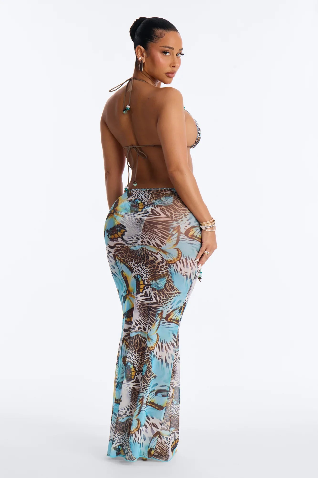 Nila Mixed Beaded Print 3 Piece Triangle Bikini & Skirt Set - Blue/combo