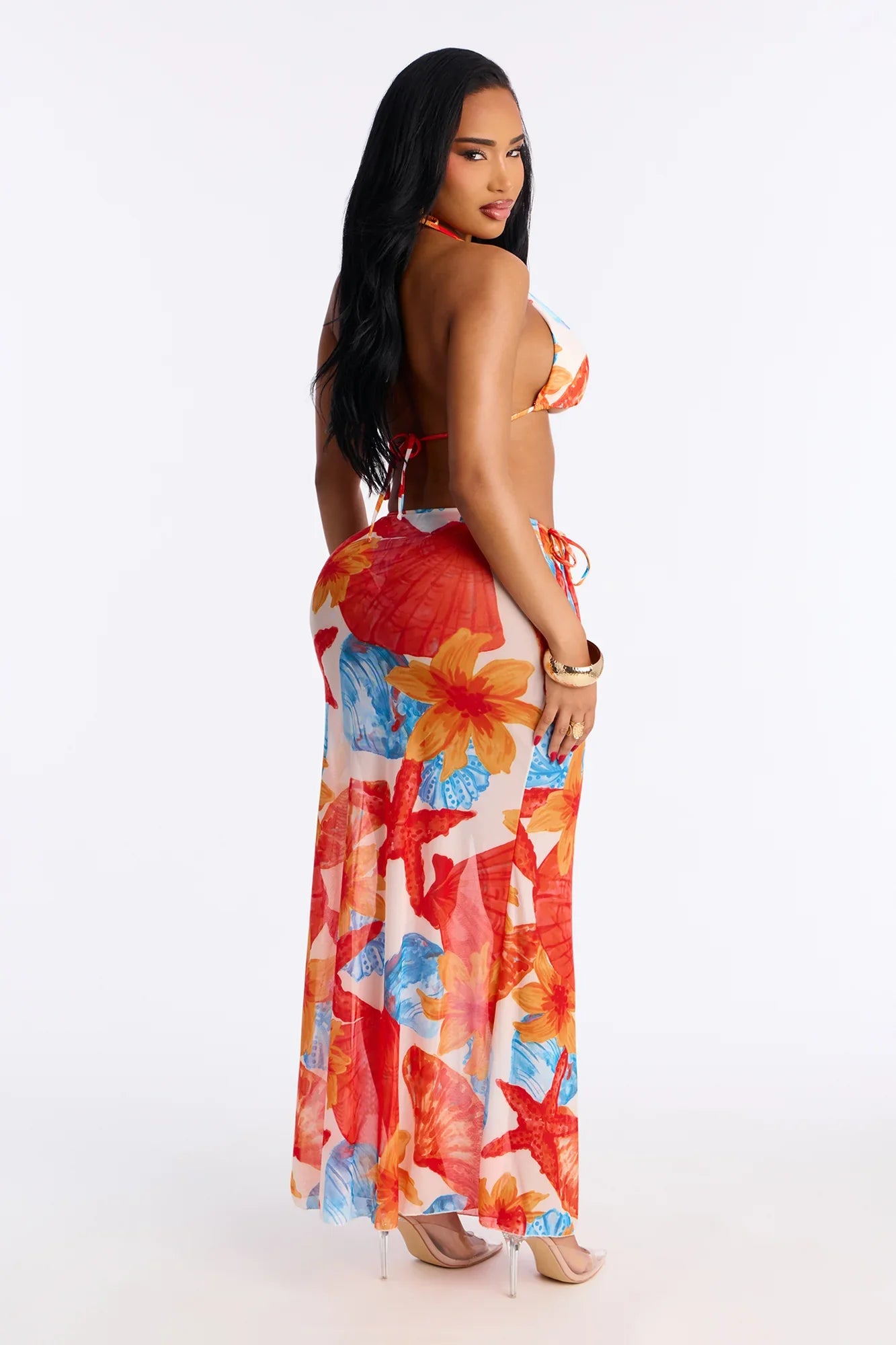 Picture Perfect 3 Piece Bikini And Sarong Set - Orange/combo