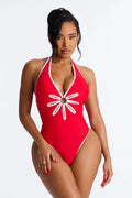 Sun Flower Babe Cut Out 1 Piece Plunge Swimsuit - Red