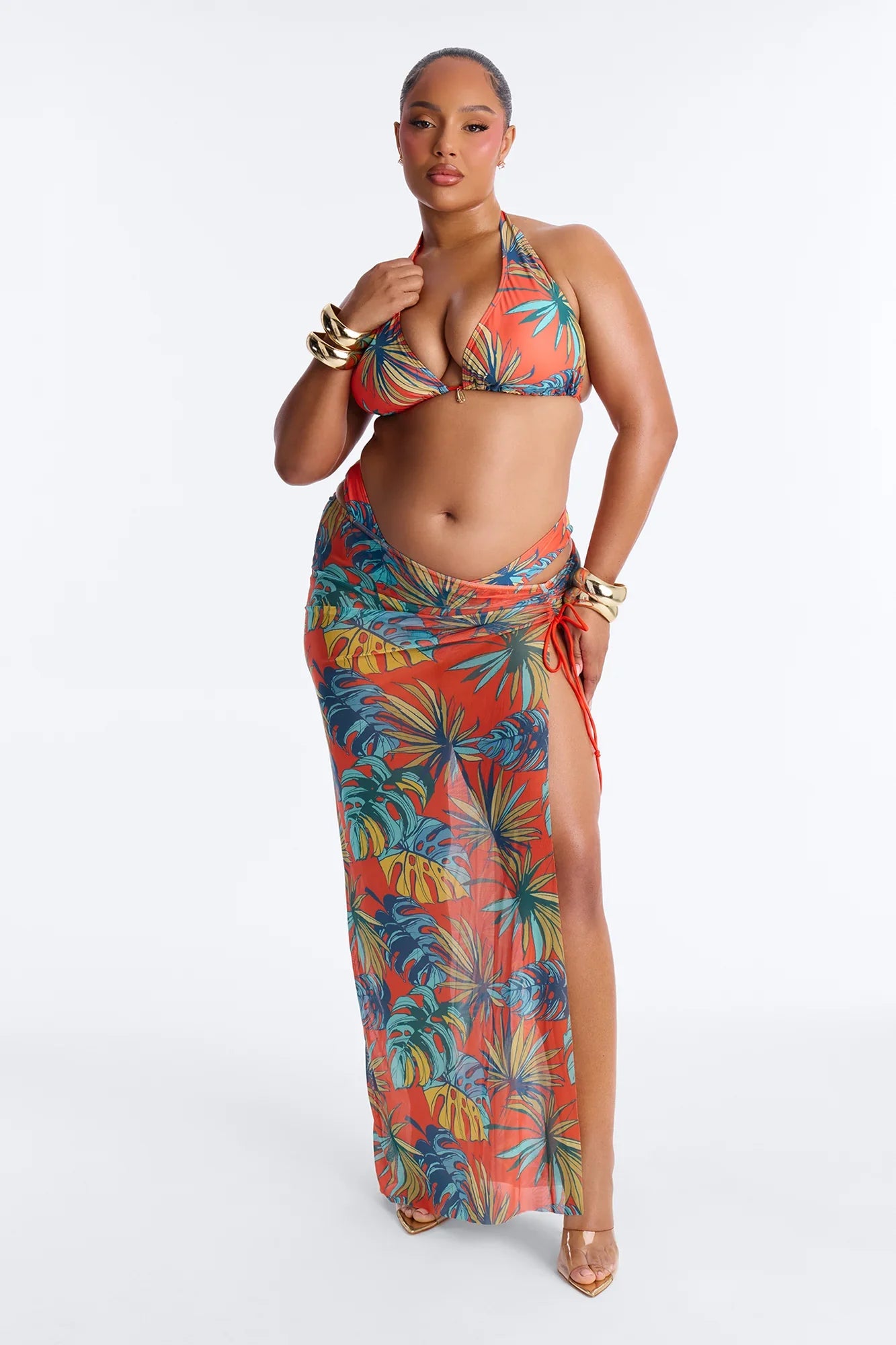 Tiki Goddess 3 Piece Triangle Bikini And Maxi Skirt Set - Orange/combo
