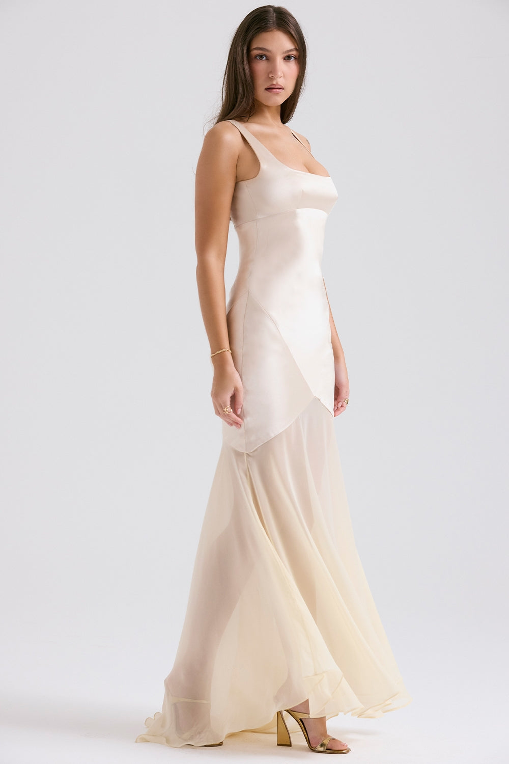 champagne chiffon floor length gown