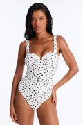 Coastal Romance 1 Piece Polka Dot Belted Underwire Swimsuit - White/Black