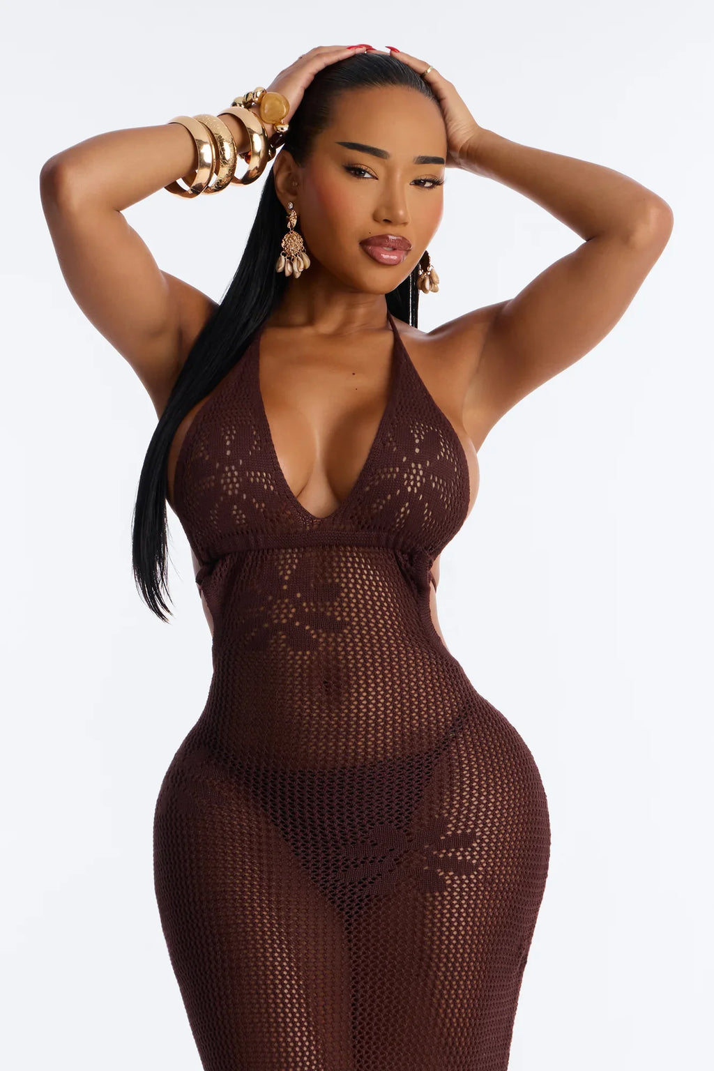 Maren Crochet Swim Cover Up Halter Maxi Dress - Dark Brown