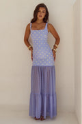 TILLIE SHEER BOTTOM MAXI DRESS - PERIWINKLE/LEMON POLKA