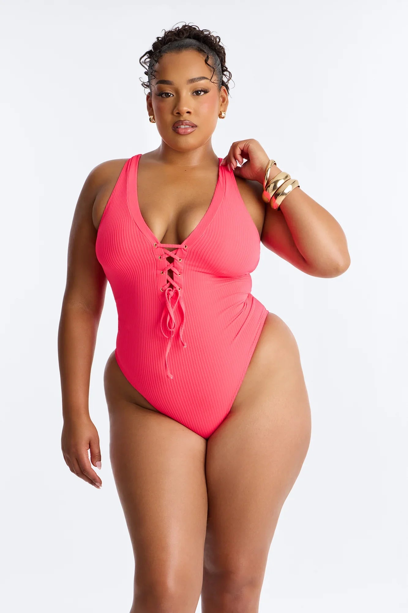 Clear Water Textured Lace Up V-Neck 1 Piece Swimsuit - Red