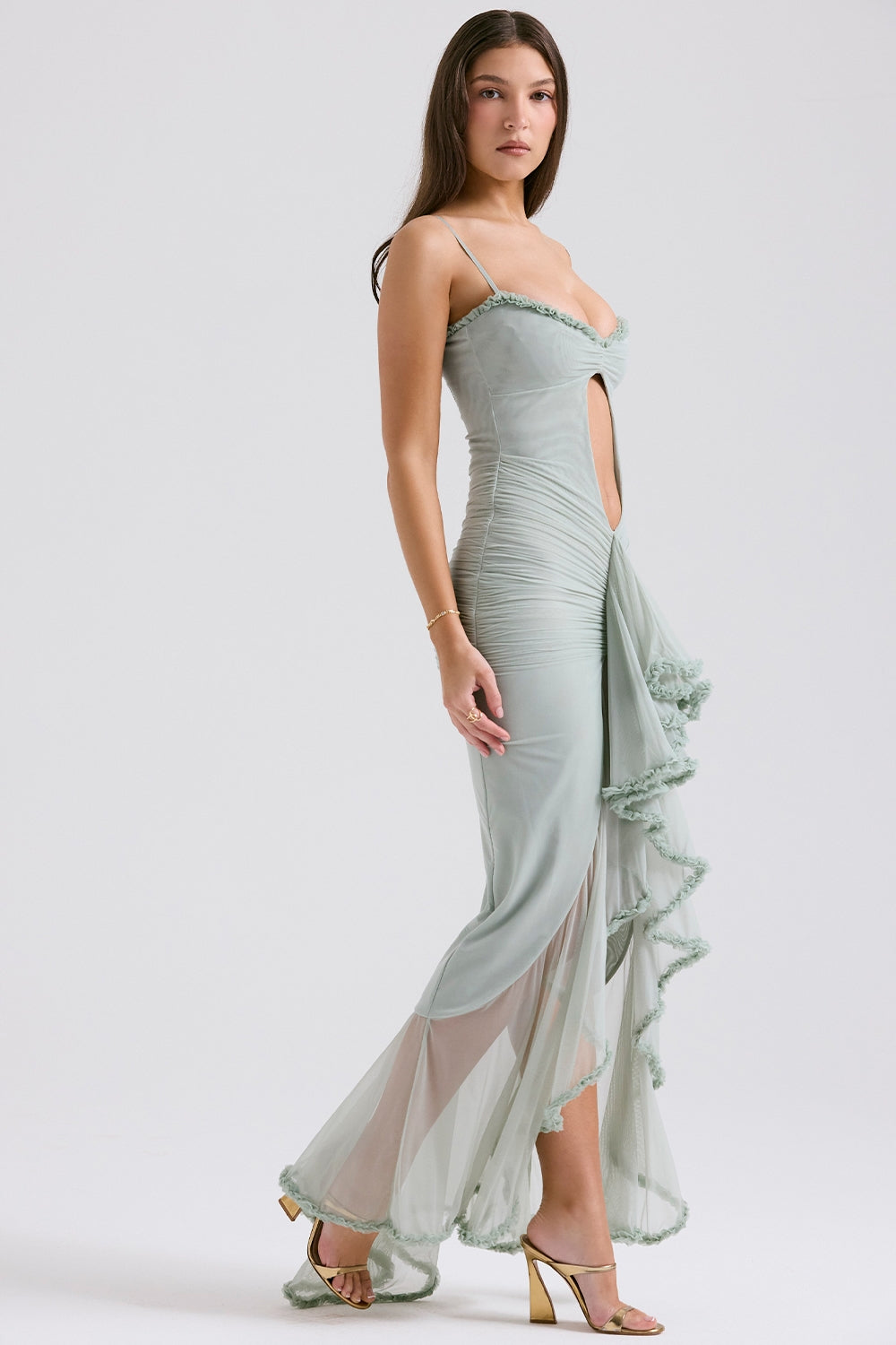 pistachio ruffled front gown
