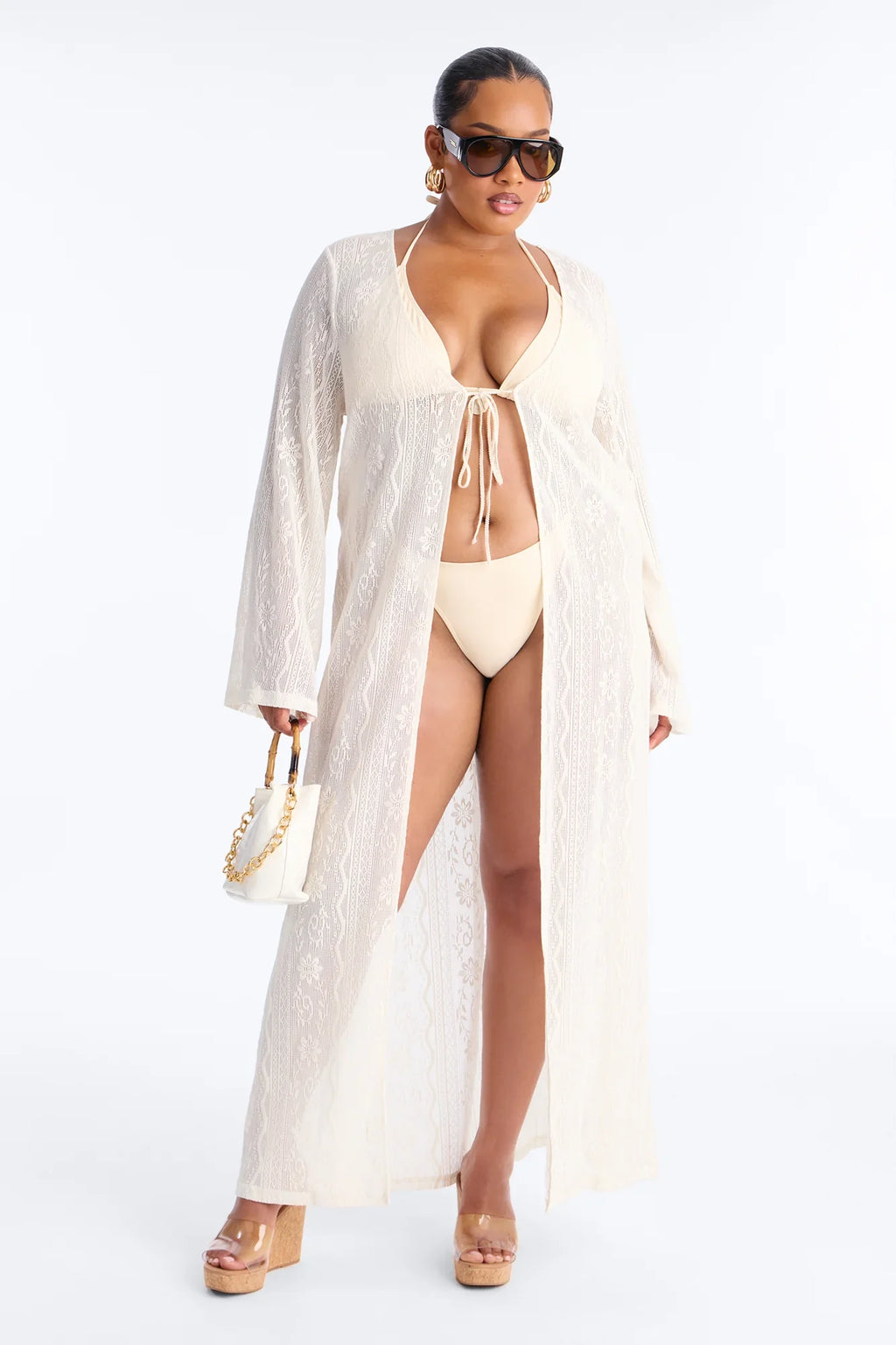 Milly Lace Long Sleeve Swim Cover Up Dress - White