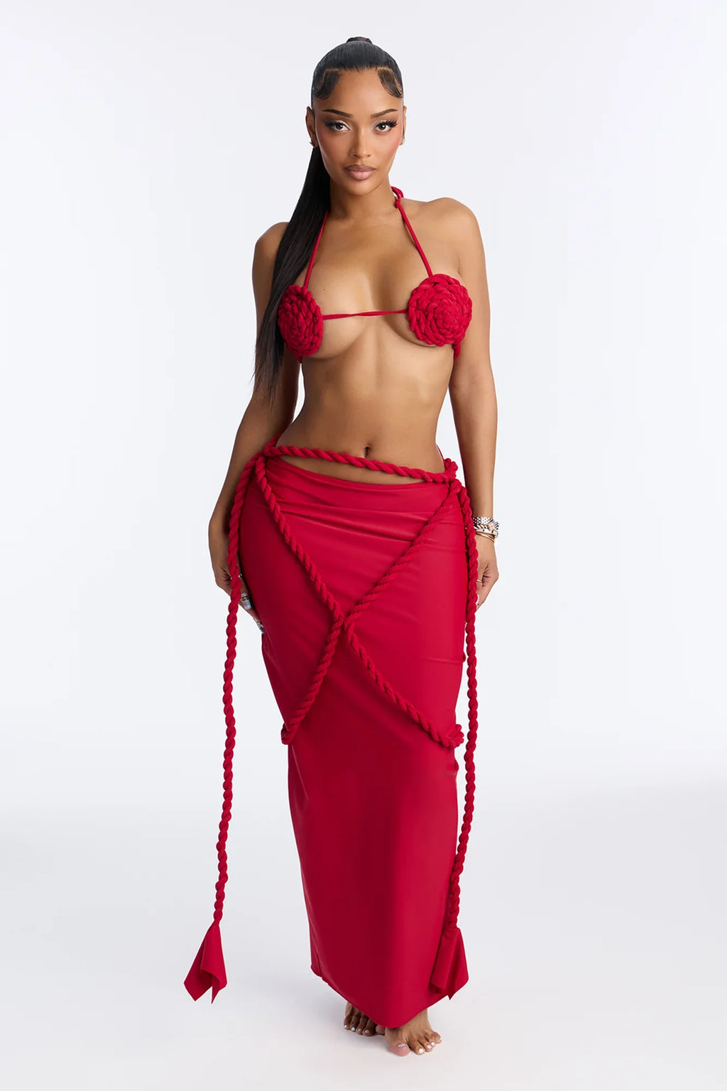 Leo Summer Rope 3 Piece Bikini & Maxi Skirt Set - Red
