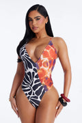 Jolene Abstract Half And Half Deep V-Neck 1 Piece Swimsuit - Orange/combo