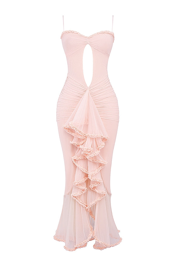 soft peach ruffled front gown