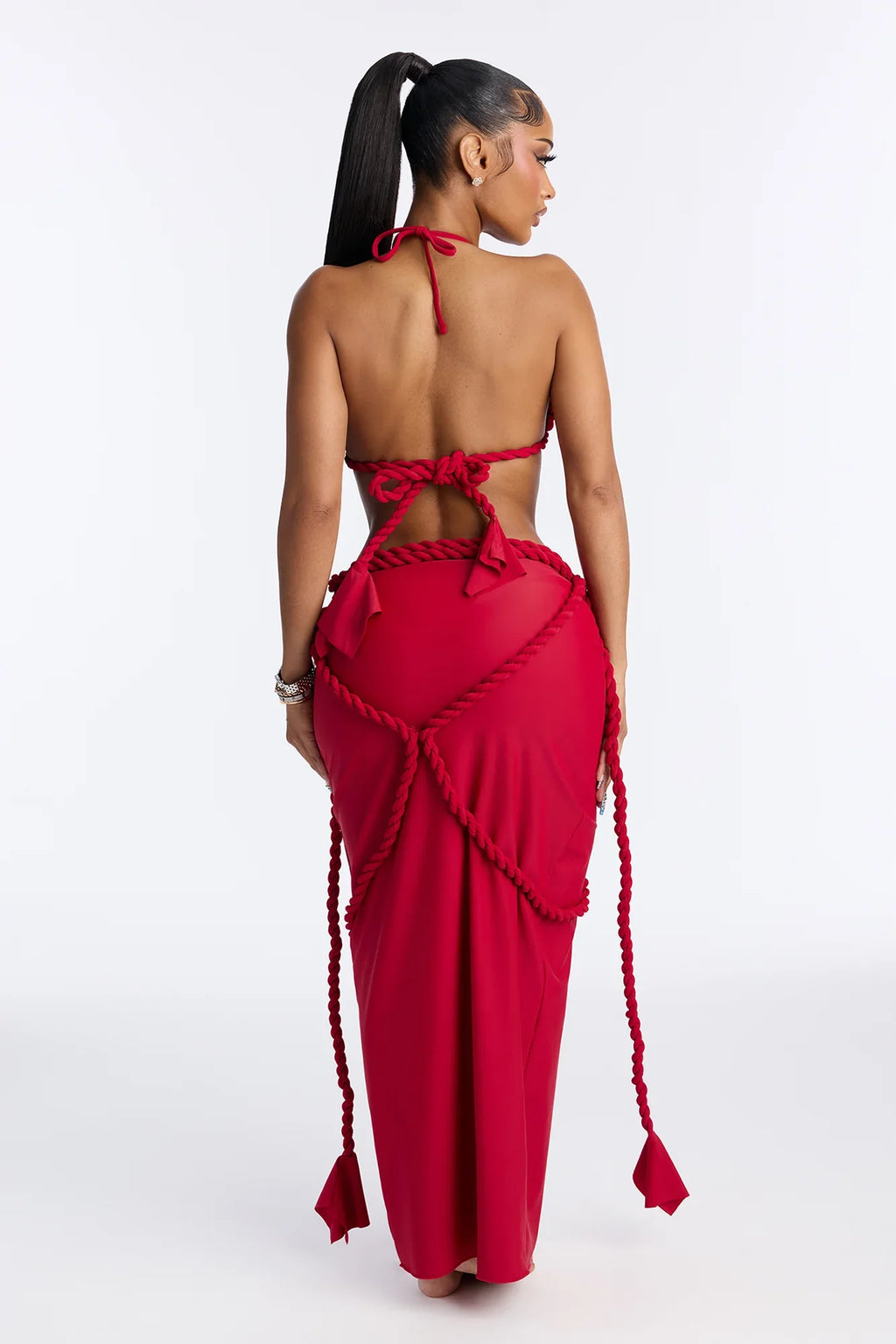 Leo Summer Rope 3 Piece Bikini & Maxi Skirt Set - Red