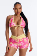 Alana Floral 3 Piece Halter Bikini & Short Sunsuit - Pink/combo