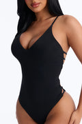Quick Dip Side Cut Out Strappy Ribbed 1 Piece Swimsuit - Black