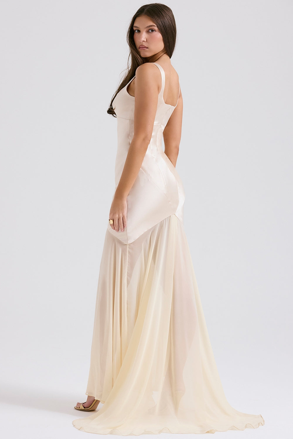 champagne chiffon floor length gown