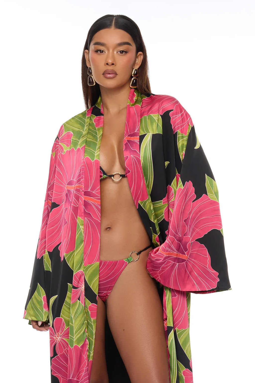 Tropic Oasis Vacation Kimono Bikini 3 Piece Set - Black/combo